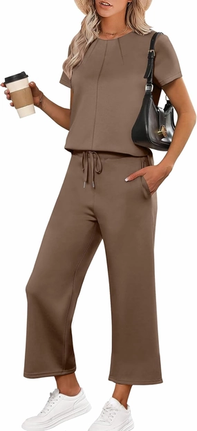 ANRABESS Women's 2 Piece Outfits Lounge Sets 2025 Summer Sweatsuits Short Sleeve Wide Leg Pants Sweat Set Tracksuits Clothes