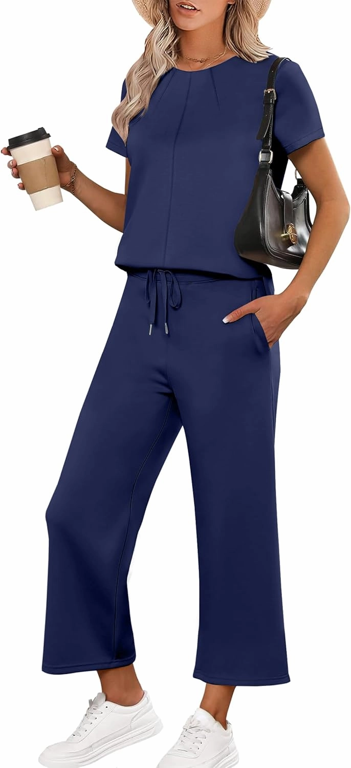 ANRABESS Women's 2 Piece Outfits Lounge Sets 2025 Summer Sweatsuits Short Sleeve Wide Leg Pants Sweat Set Tracksuits Clothes