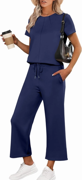 ANRABESS Women's 2 Piece Outfits Lounge Sets 2025 Summer Sweatsuits Short Sleeve Wide Leg Pants Sweat Set Tracksuits Clothes
