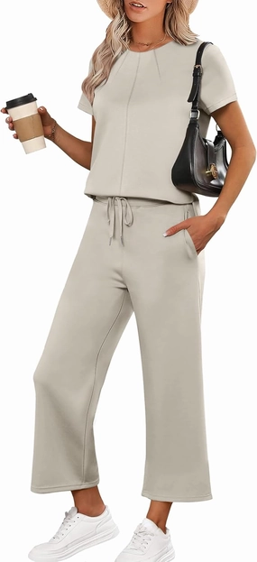 ANRABESS Women's 2 Piece Outfits Lounge Sets 2025 Summer Sweatsuits Short Sleeve Wide Leg Pants Sweat Set Tracksuits Clothes