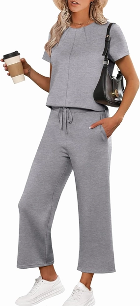 ANRABESS Women's 2 Piece Outfits Lounge Sets 2025 Summer Sweatsuits Short Sleeve Wide Leg Pants Sweat Set Tracksuits Clothes