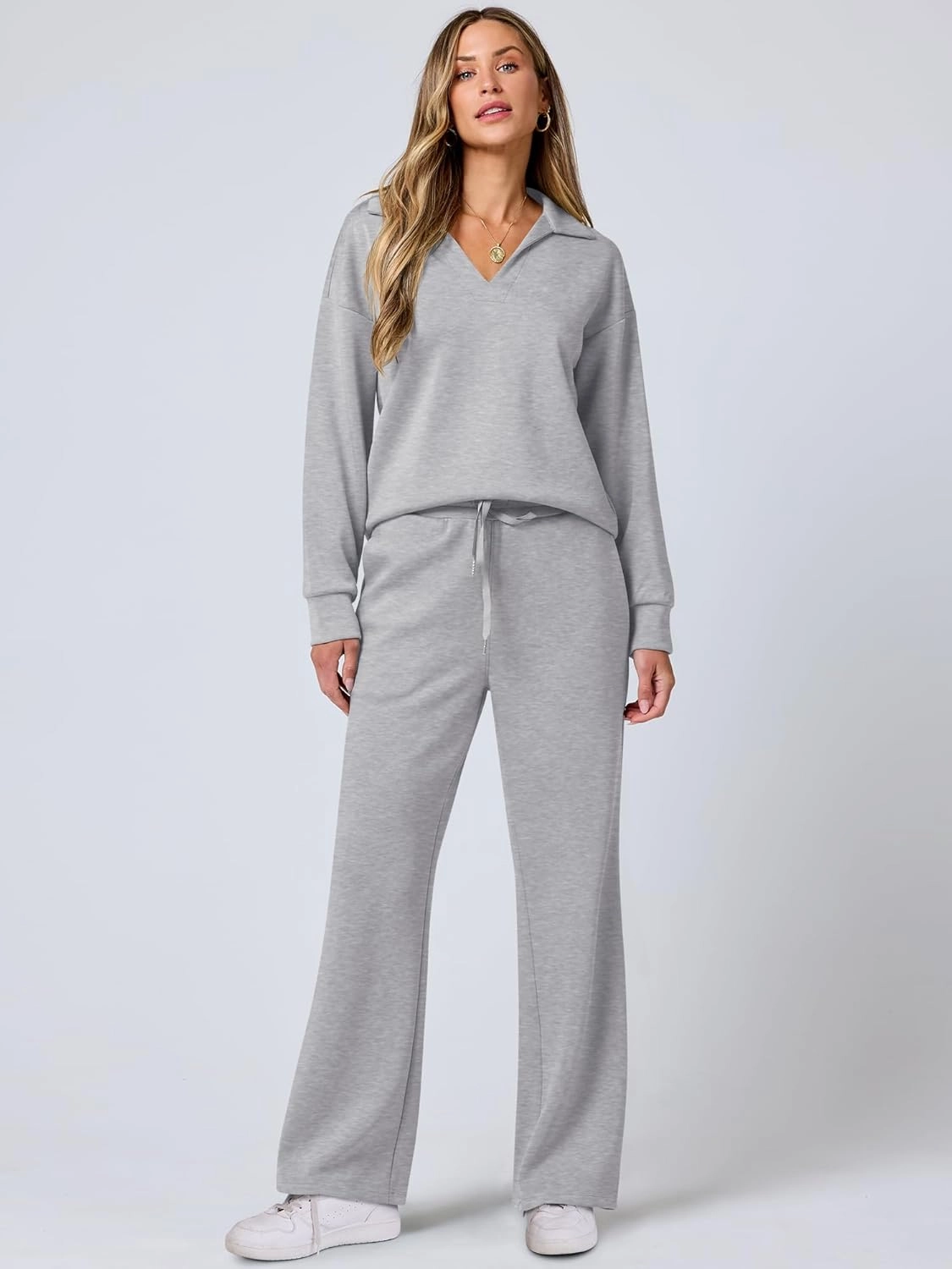 ANRABESS Women's 2 Piece Outfits Lounge Sets Casual Long Sleeve Sweatsuits Polo Top Wide Leg Pants Spring Sweat Matching Sets