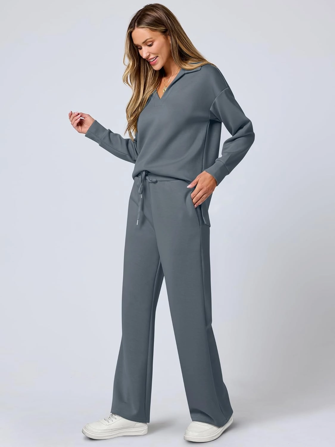 ANRABESS Women's 2 Piece Outfits Lounge Sets Casual Long Sleeve Sweatsuits Polo Top Wide Leg Pants Spring Sweat Matching Sets