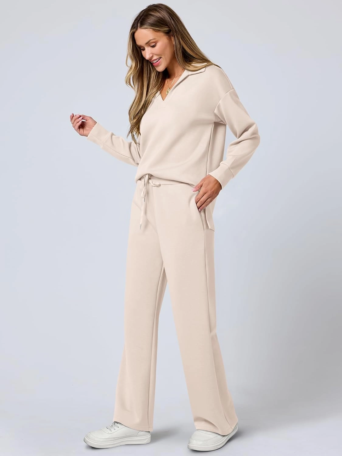 ANRABESS Women's 2 Piece Outfits Lounge Sets Casual Long Sleeve Sweatsuits Polo Top Wide Leg Pants Spring Sweat Matching Sets