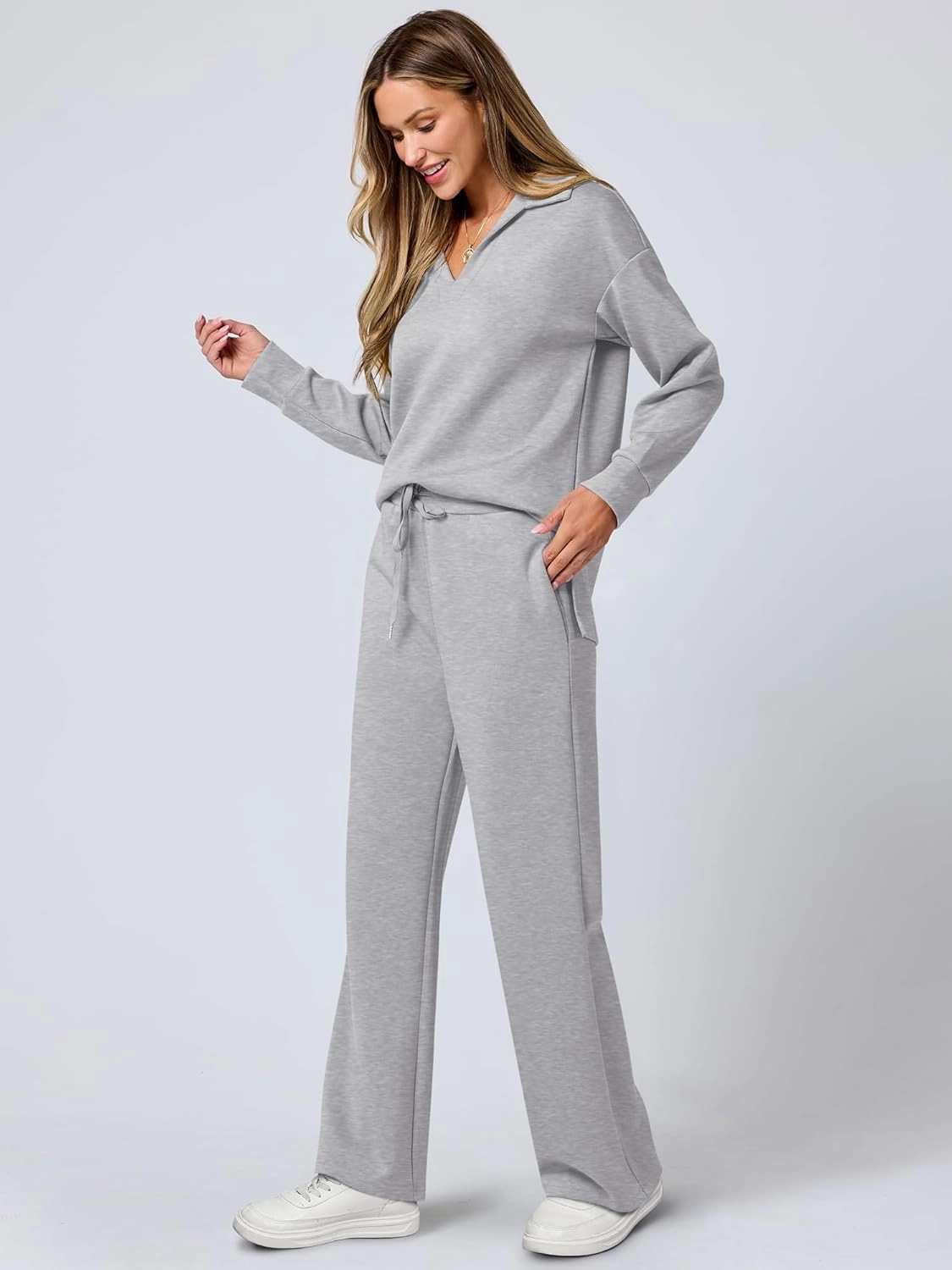 ANRABESS Women's 2 Piece Outfits Lounge Sets Casual Long Sleeve Sweatsuits Polo Top Wide Leg Pants Spring Sweat Matching Sets