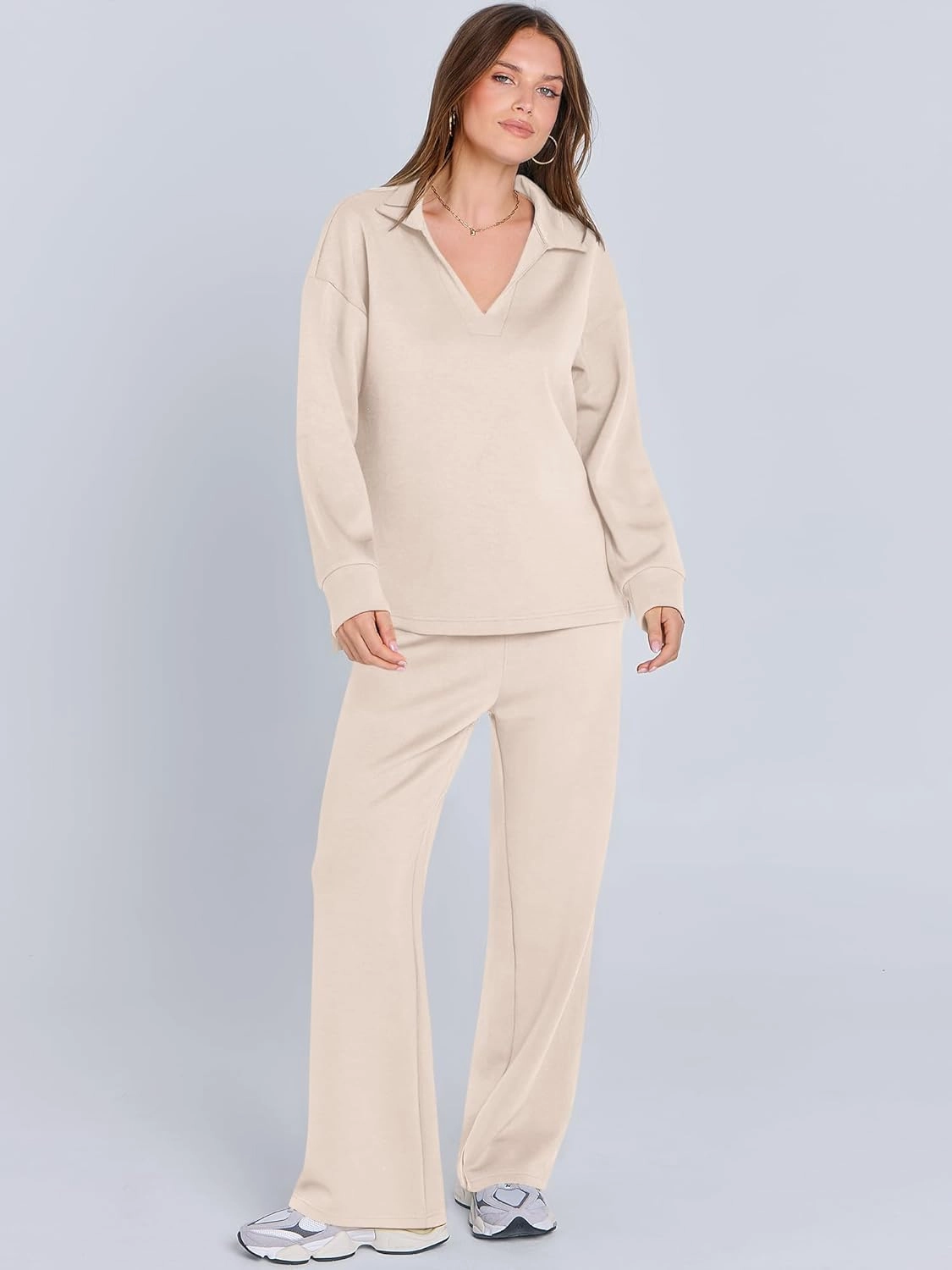 ANRABESS Women's 2 Piece Outfits Lounge Sets Casual Long Sleeve Sweatsuits Polo Top Wide Leg Pants Spring Sweat Matching Sets