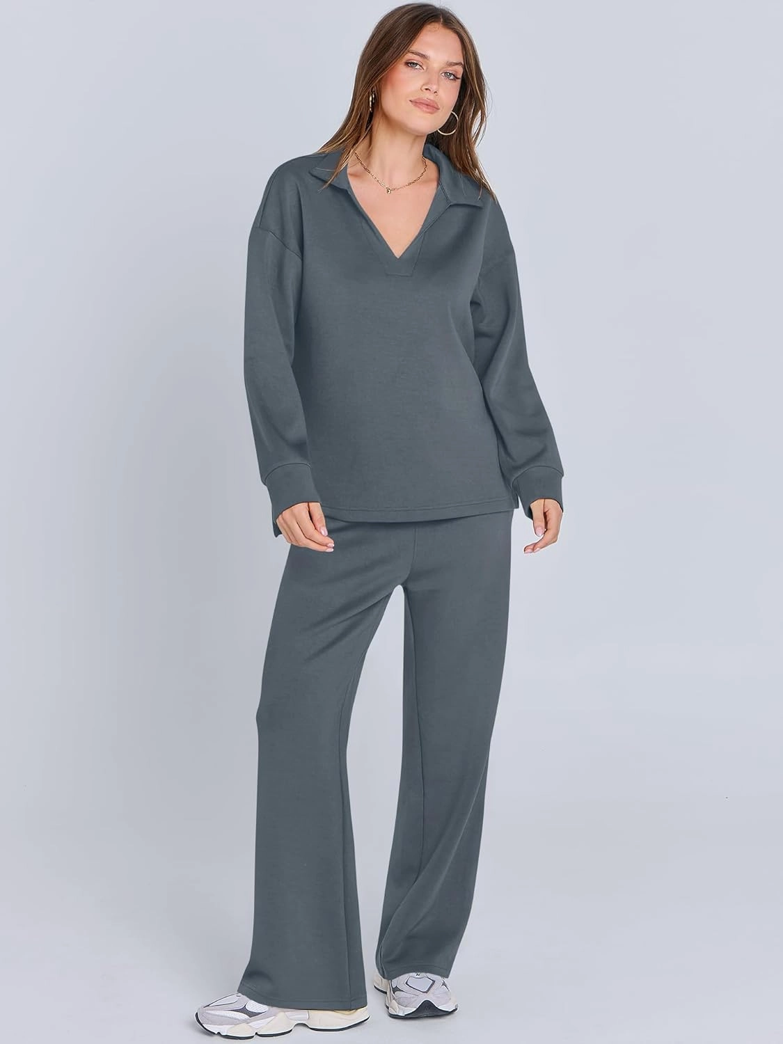 ANRABESS Women's 2 Piece Outfits Lounge Sets Casual Long Sleeve Sweatsuits Polo Top Wide Leg Pants Spring Sweat Matching Sets