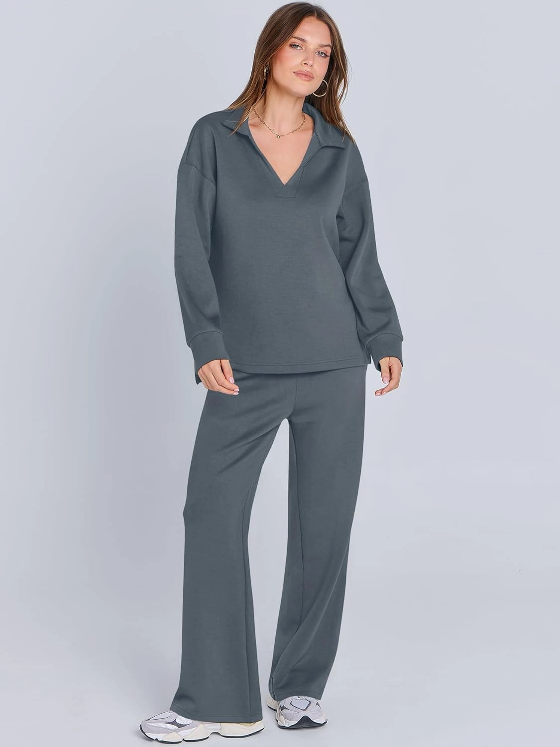 ANRABESS Women's 2 Piece Outfits Lounge Sets Casual Long Sleeve Sweatsuits Polo Top Wide Leg Pants Spring Sweat Matching Sets