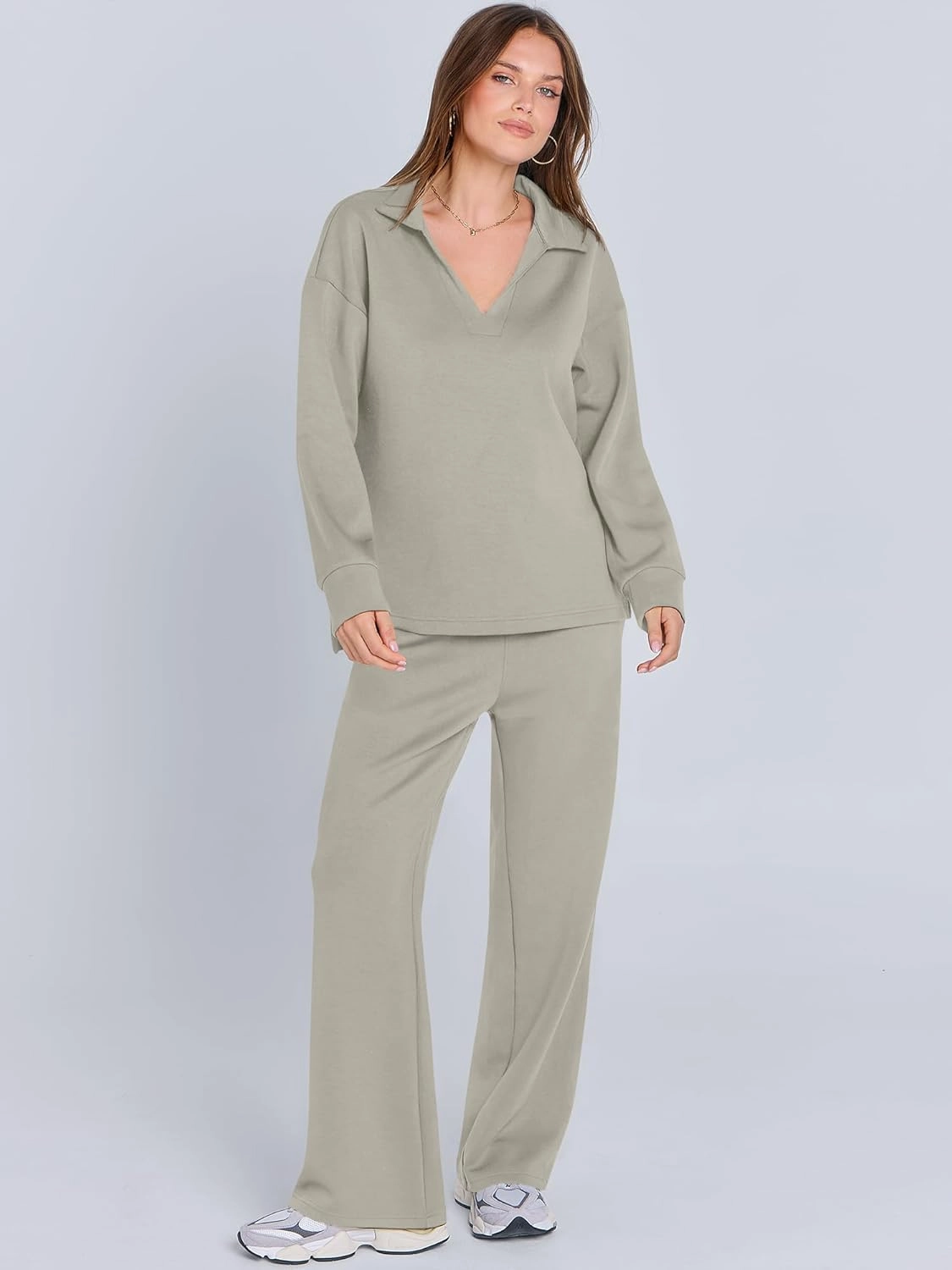 ANRABESS Women's 2 Piece Outfits Lounge Sets Casual Long Sleeve Sweatsuits Polo Top Wide Leg Pants Spring Sweat Matching Sets