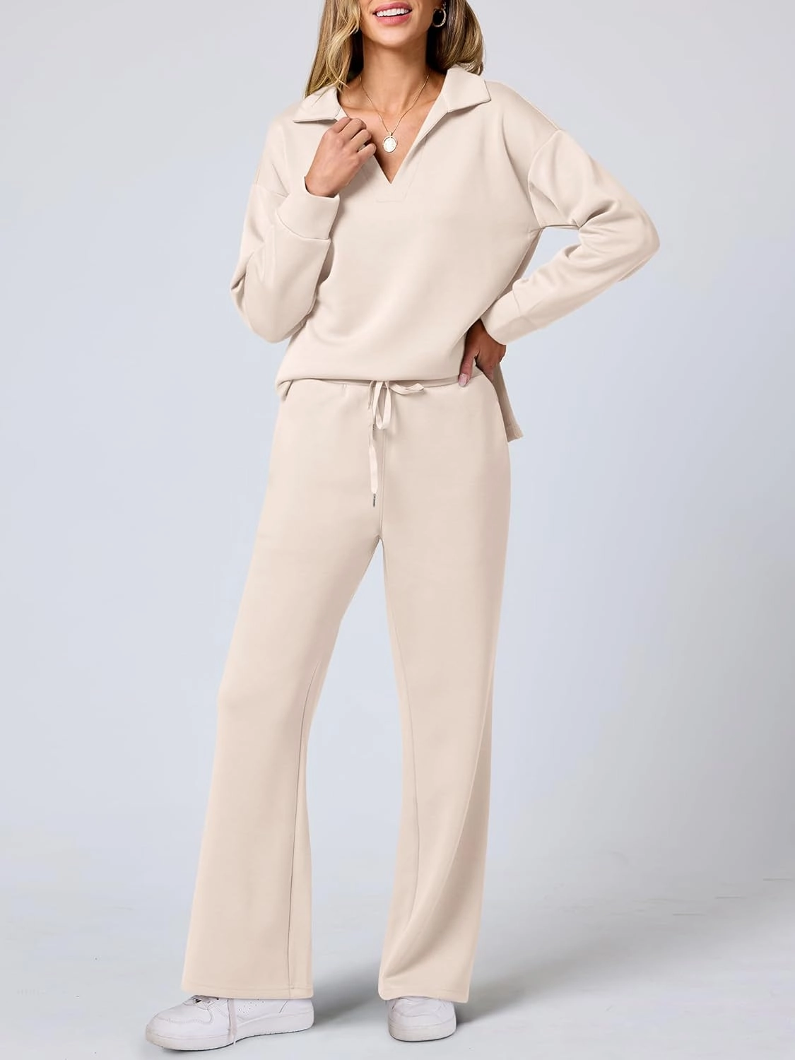 ANRABESS Women's 2 Piece Outfits Lounge Sets Casual Long Sleeve Sweatsuits Polo Top Wide Leg Pants Spring Sweat Matching Sets