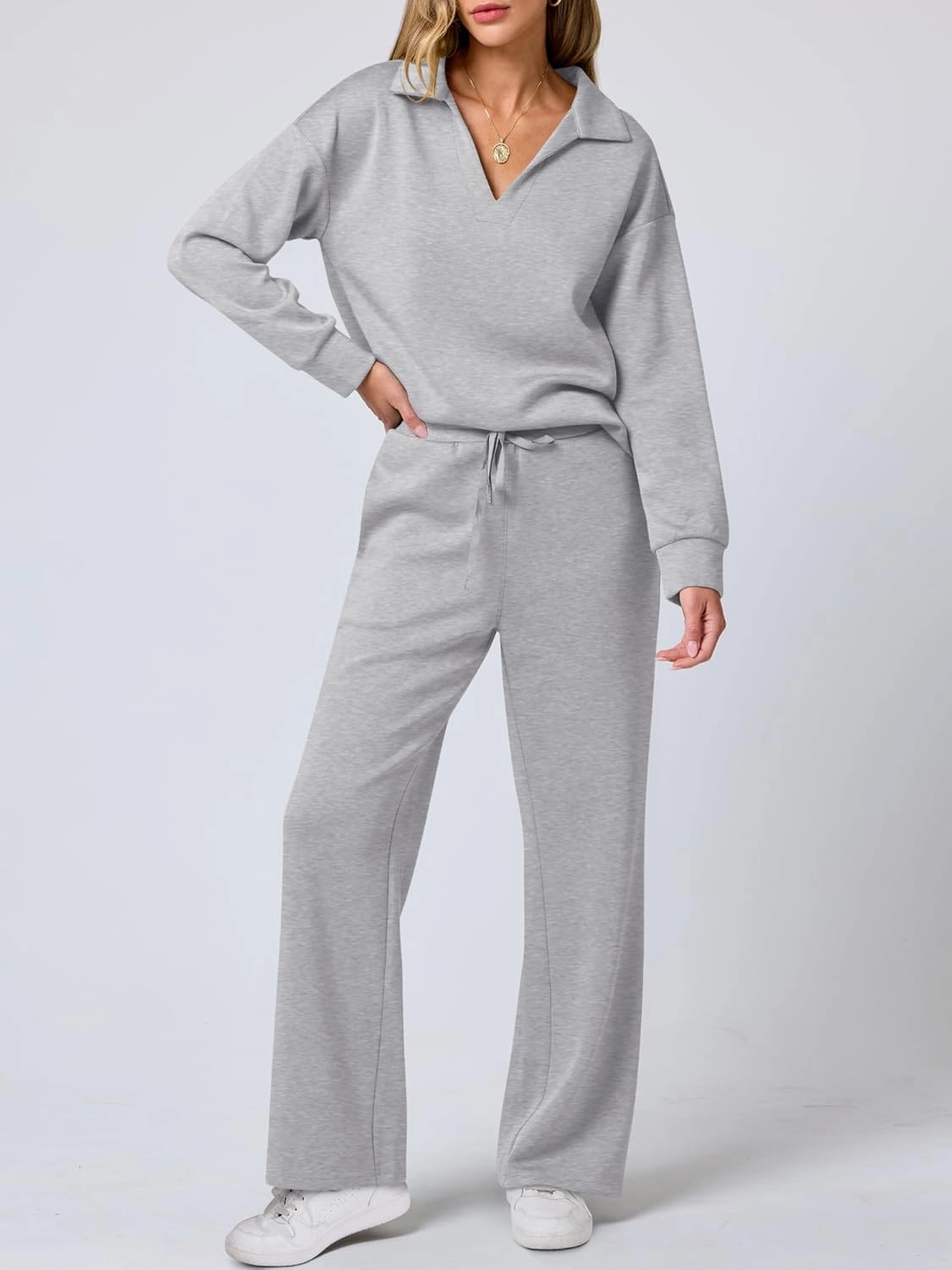 ANRABESS Women's 2 Piece Outfits Lounge Sets Casual Long Sleeve Sweatsuits Polo Top Wide Leg Pants Spring Sweat Matching Sets
