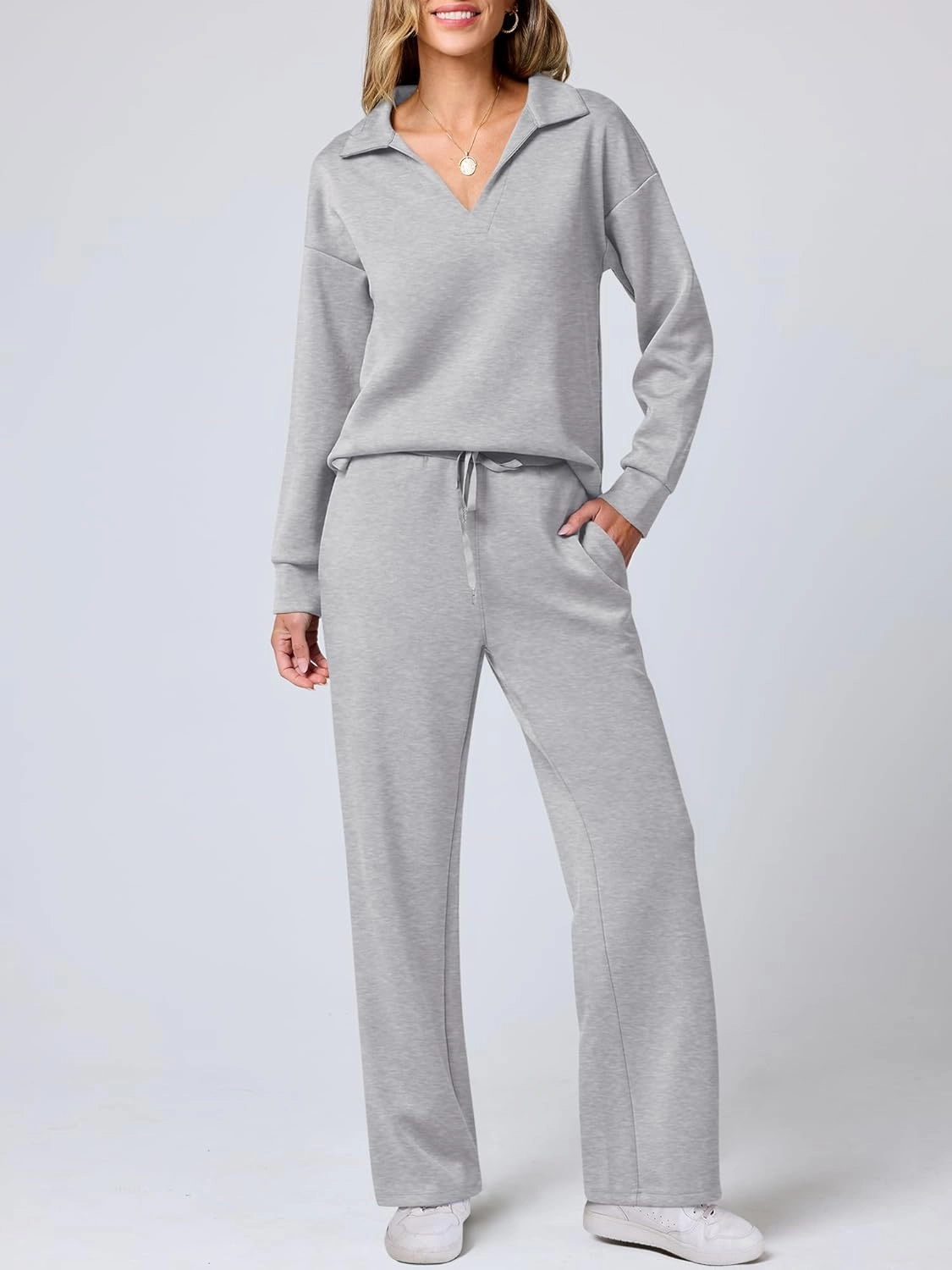 ANRABESS Women's 2 Piece Outfits Lounge Sets Casual Long Sleeve Sweatsuits Polo Top Wide Leg Pants Spring Sweat Matching Sets