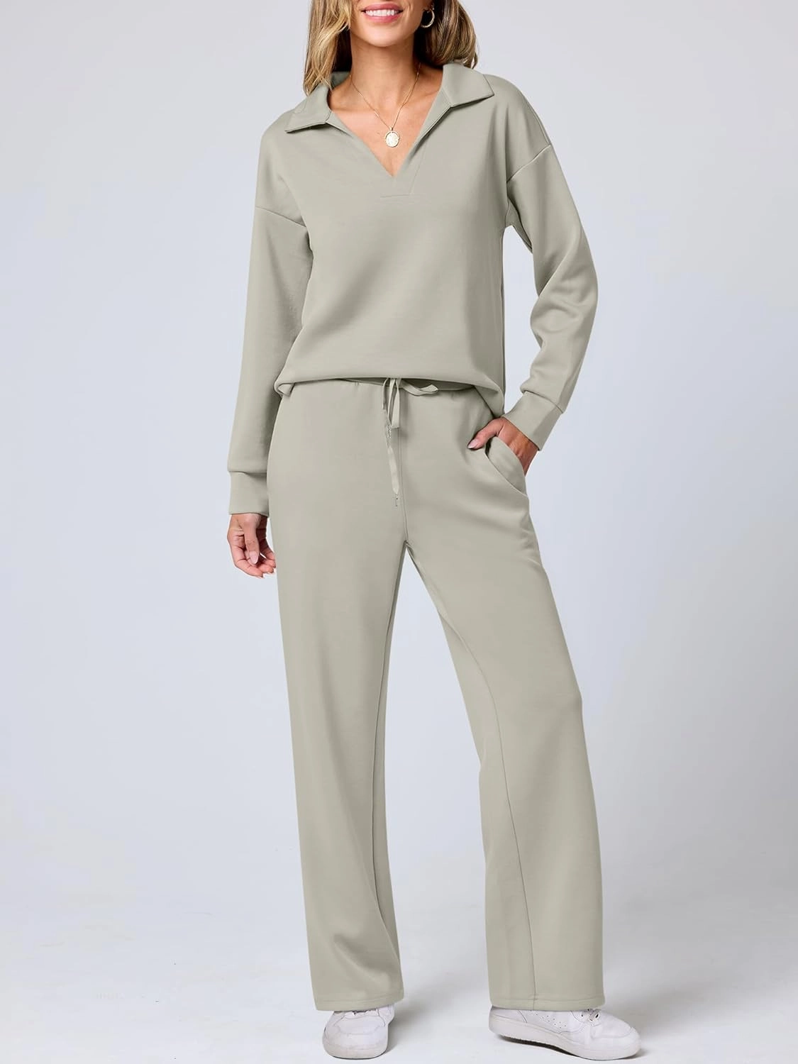 ANRABESS Women's 2 Piece Outfits Lounge Sets Casual Long Sleeve Sweatsuits Polo Top Wide Leg Pants Spring Sweat Matching Sets