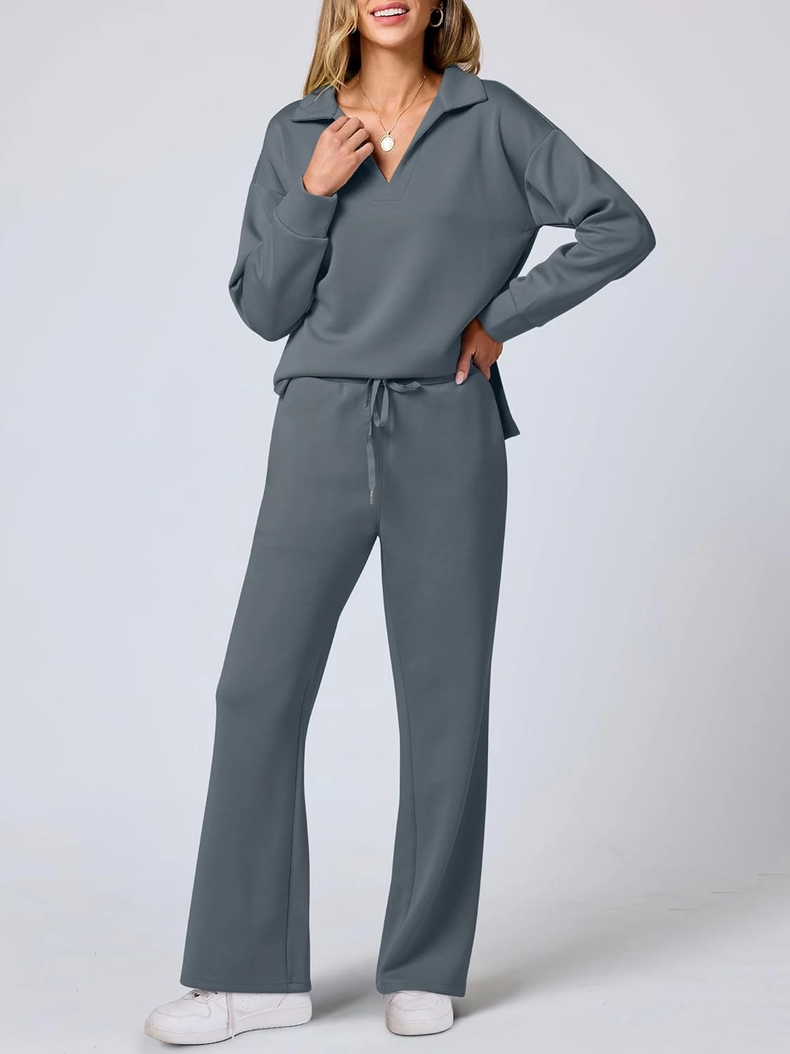 ANRABESS Women's 2 Piece Outfits Lounge Sets Casual Long Sleeve Sweatsuits Polo Top Wide Leg Pants Spring Sweat Matching Sets