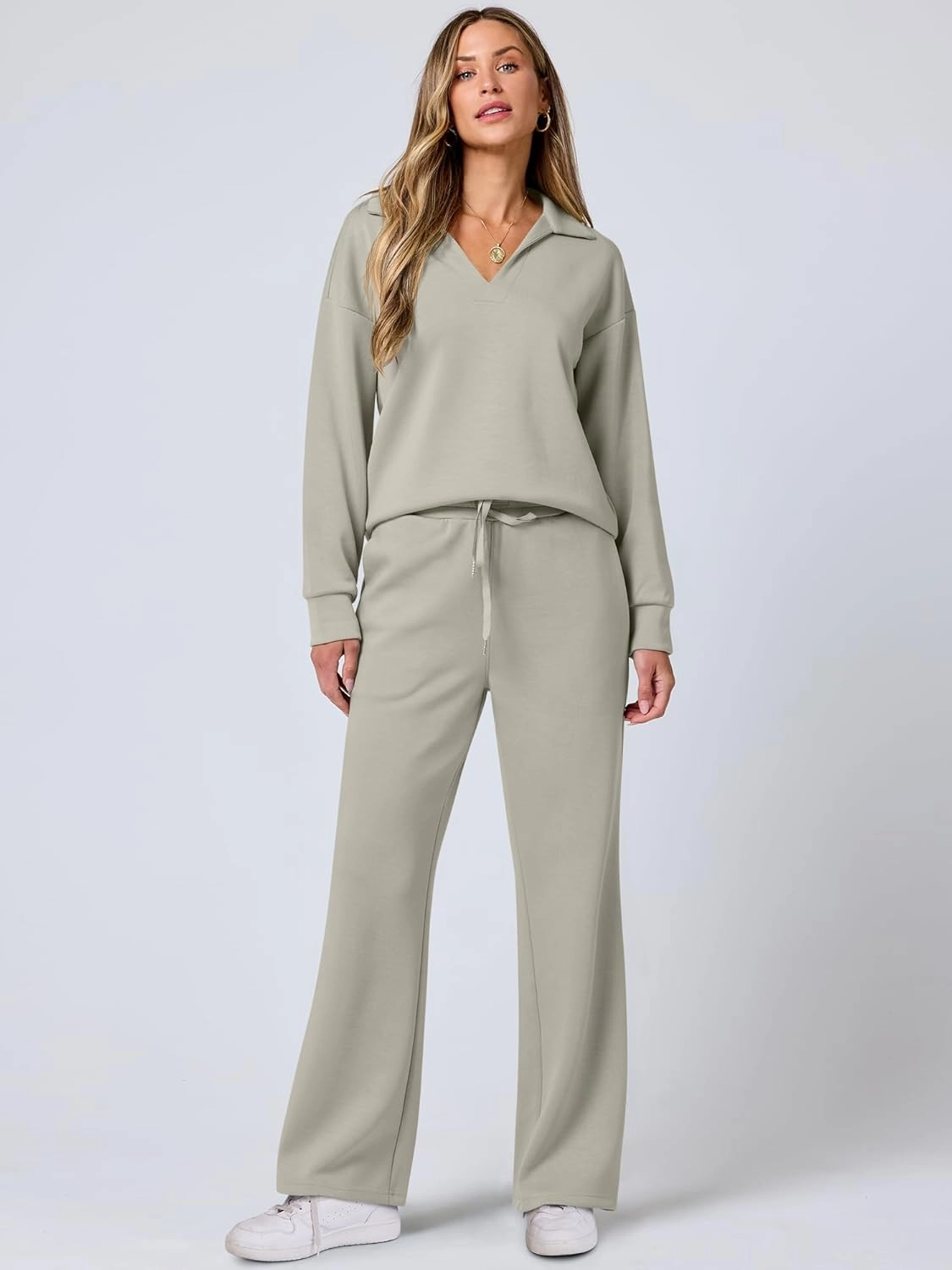 ANRABESS Women's 2 Piece Outfits Lounge Sets Casual Long Sleeve Sweatsuits Polo Top Wide Leg Pants Spring Sweat Matching Sets