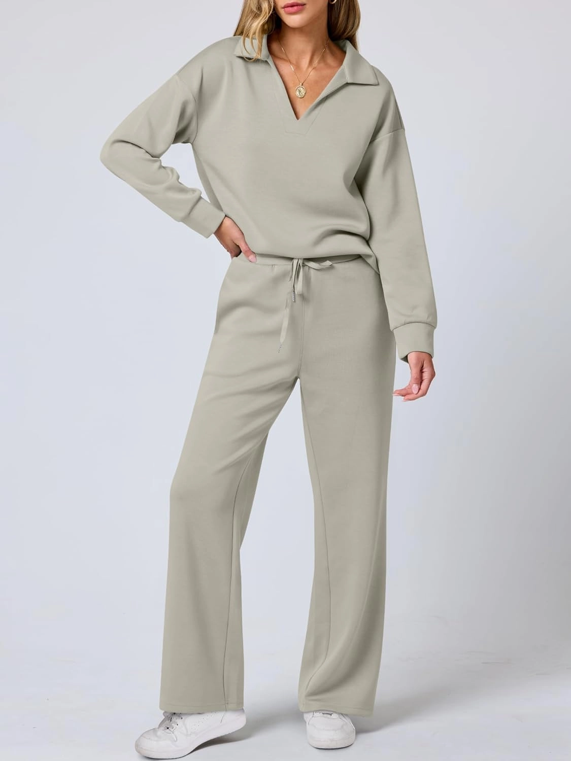 ANRABESS Women's 2 Piece Outfits Lounge Sets Casual Long Sleeve Sweatsuits Polo Top Wide Leg Pants Spring Sweat Matching Sets