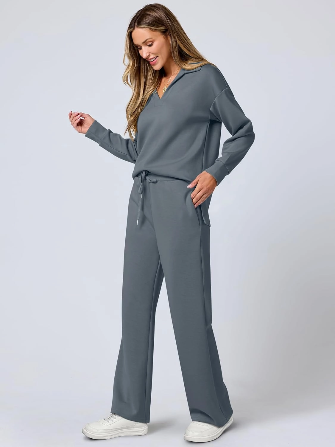 ANRABESS Women's 2 Piece Outfits Lounge Sets Casual Long Sleeve Sweatsuits Polo Top Wide Leg Pants Spring Sweat Matching Sets
