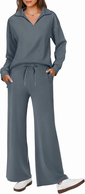 ANRABESS Women's 2 Piece Outfits Lounge Sets Casual Long Sleeve Sweatsuits Polo Top Wide Leg Pants Spring Sweat Matching Sets
