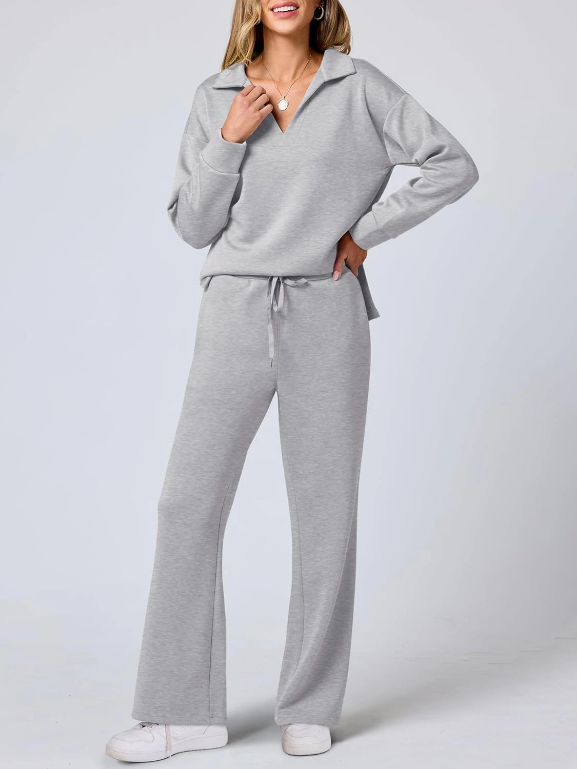 ANRABESS Women's 2 Piece Outfits Lounge Sets Casual Long Sleeve Sweatsuits Polo Top Wide Leg Pants Spring Sweat Matching Sets