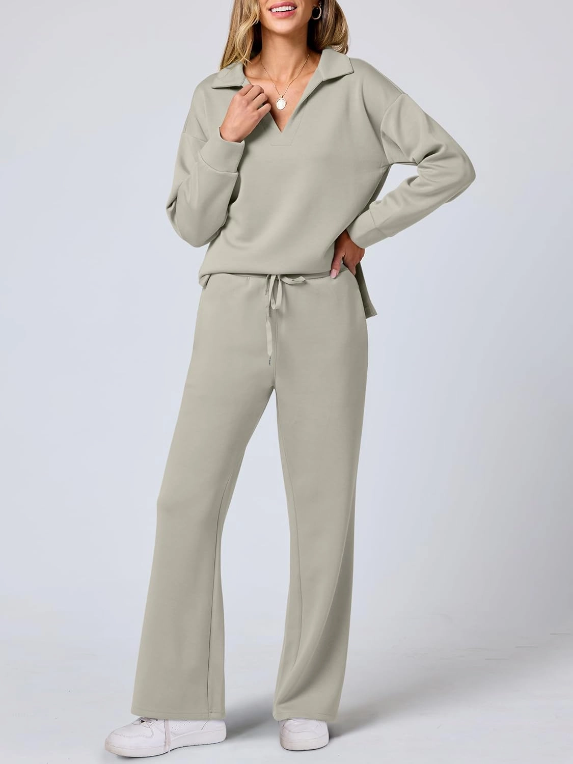 ANRABESS Women's 2 Piece Outfits Lounge Sets Casual Long Sleeve Sweatsuits Polo Top Wide Leg Pants Spring Sweat Matching Sets