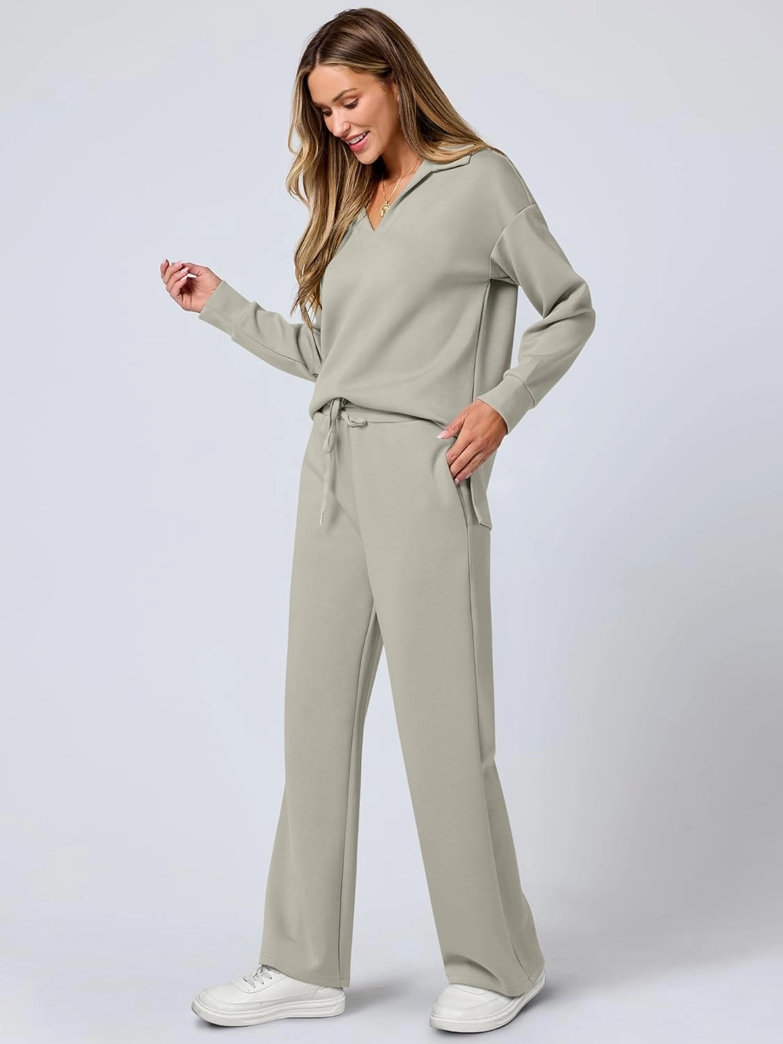 ANRABESS Women's 2 Piece Outfits Lounge Sets Casual Long Sleeve Sweatsuits Polo Top Wide Leg Pants Spring Sweat Matching Sets