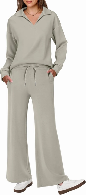 ANRABESS Women's 2 Piece Outfits Lounge Sets Casual Long Sleeve Sweatsuits Polo Top Wide Leg Pants Spring Sweat Matching Sets