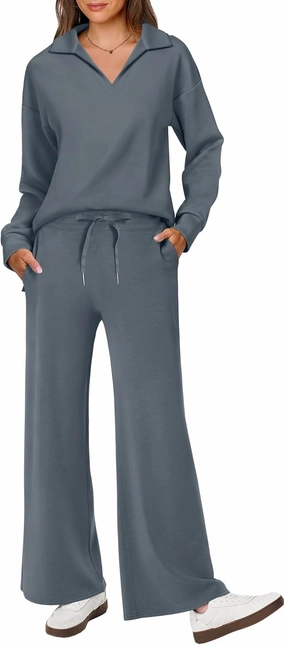 ANRABESS Women's 2 Piece Outfits Lounge Sets Casual Long Sleeve Sweatsuits Polo Top Wide Leg Pants Spring Sweat Matching Sets