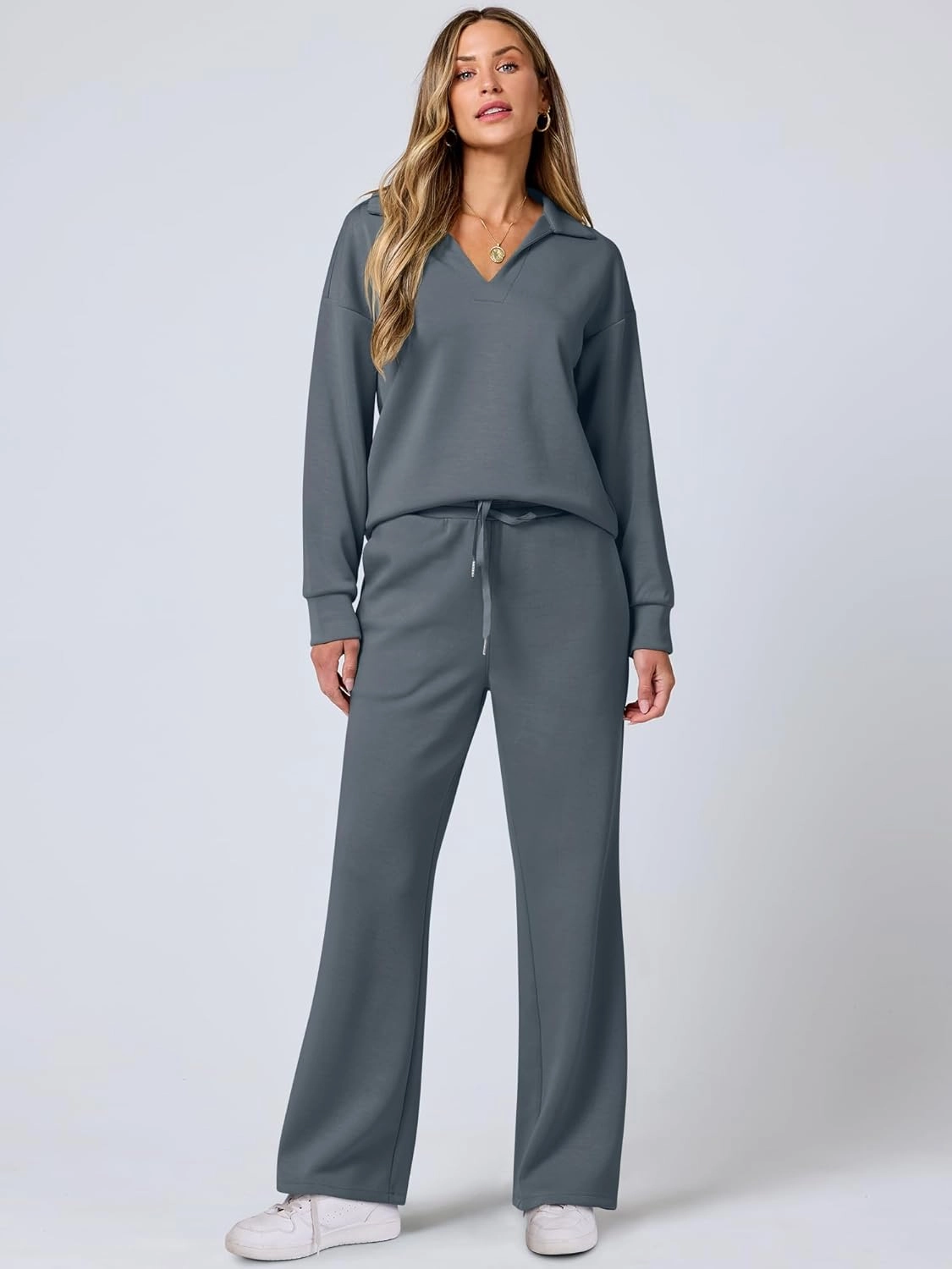 ANRABESS Women's 2 Piece Outfits Lounge Sets Casual Long Sleeve Sweatsuits Polo Top Wide Leg Pants Spring Sweat Matching Sets