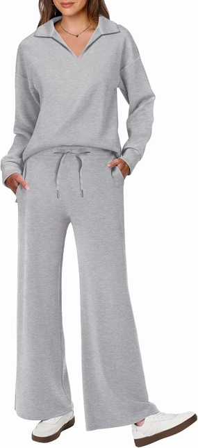ANRABESS Women's 2 Piece Outfits Lounge Sets Casual Long Sleeve Sweatsuits Polo Top Wide Leg Pants Spring Sweat Matching Sets