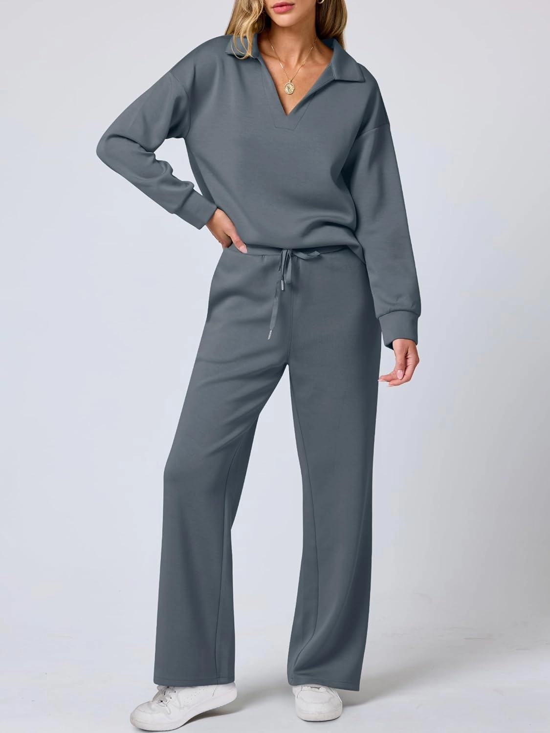 ANRABESS Women's 2 Piece Outfits Lounge Sets Casual Long Sleeve Sweatsuits Polo Top Wide Leg Pants Spring Sweat Matching Sets