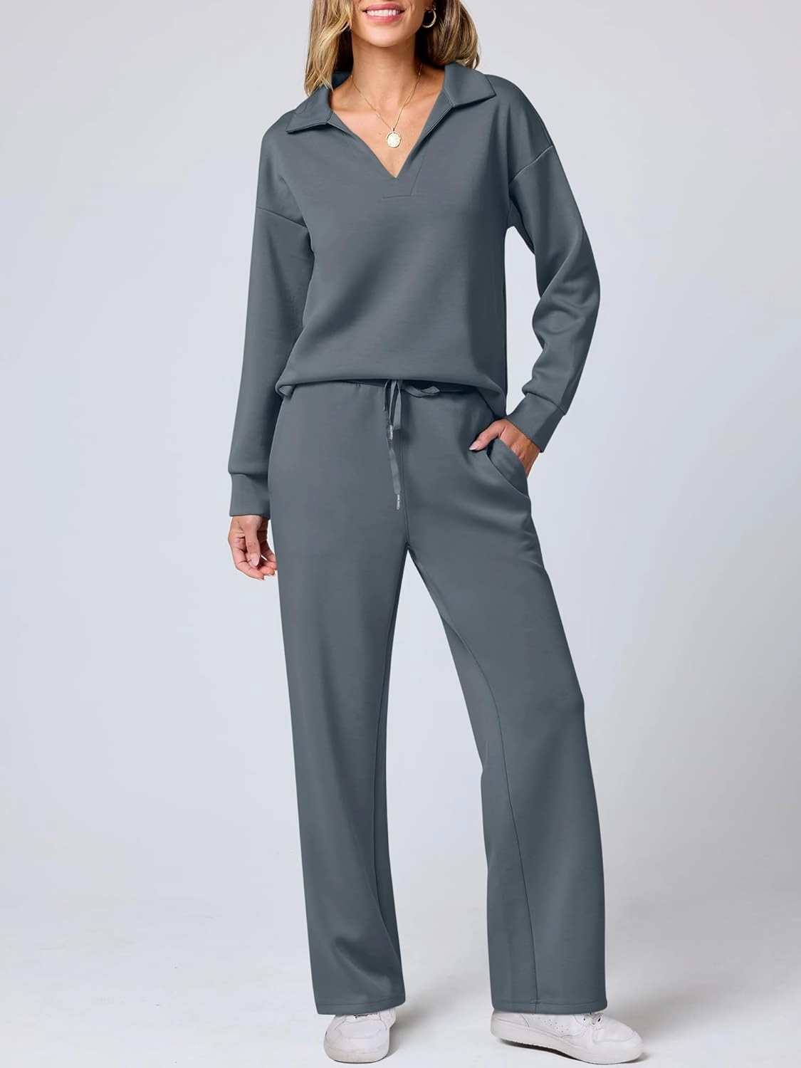 ANRABESS Women's 2 Piece Outfits Lounge Sets Casual Long Sleeve Sweatsuits Polo Top Wide Leg Pants Spring Sweat Matching Sets