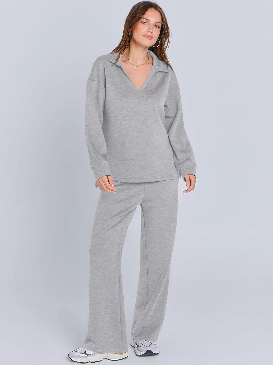 ANRABESS Women's 2 Piece Outfits Lounge Sets Casual Long Sleeve Sweatsuits Polo Top Wide Leg Pants Spring Sweat Matching Sets