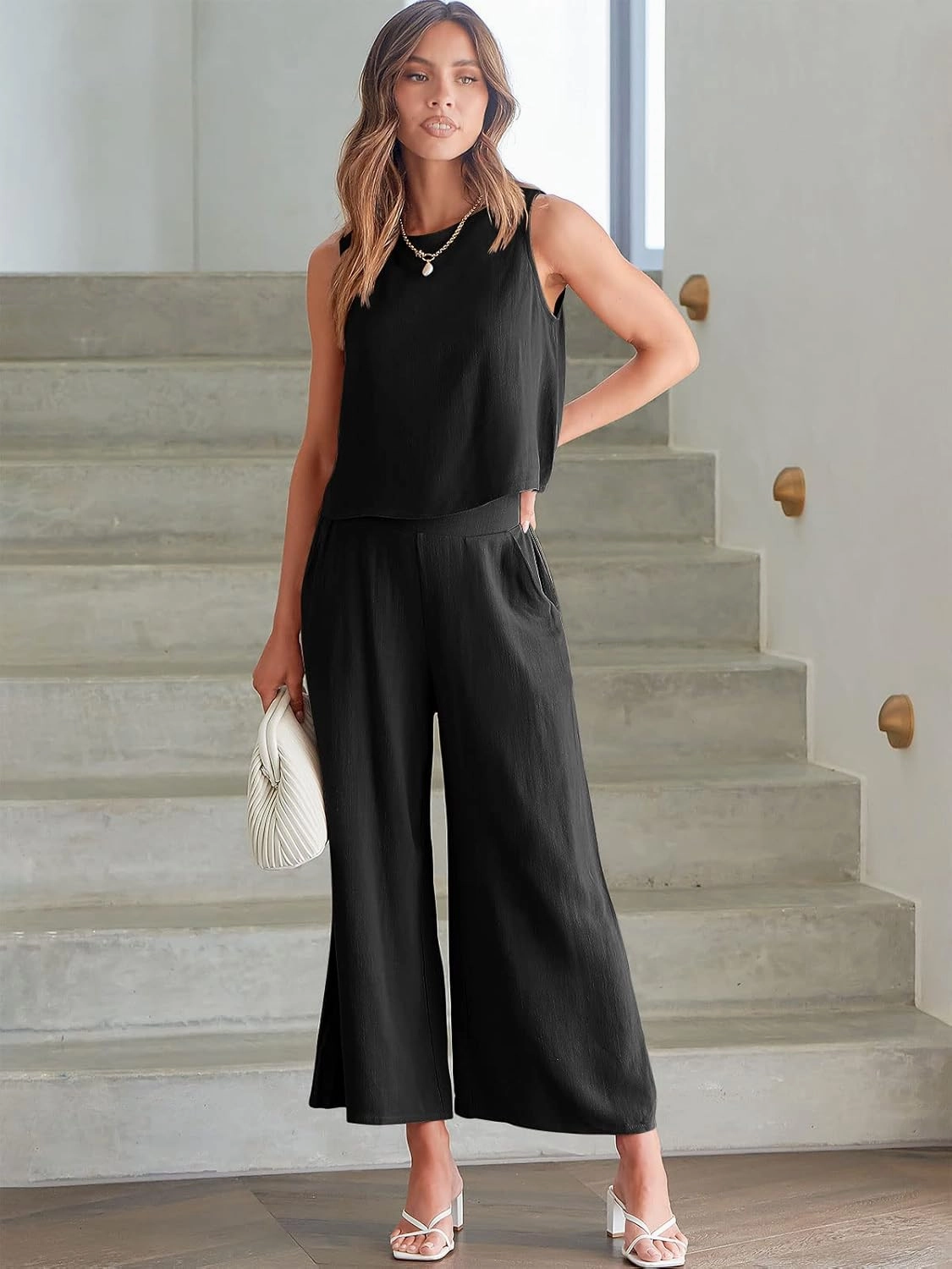 ANRABESS Women's Summer 2 Piece Outfits Sleeveless Crop Top Capri Wide Leg Pants Jumpsuit Linen Lounge Beach Travel Sets