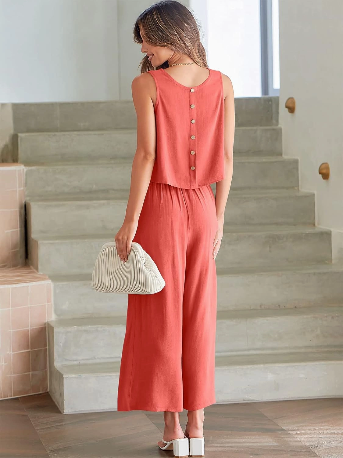 ANRABESS Women's Summer 2 Piece Outfits Sleeveless Crop Top Capri Wide Leg Pants Jumpsuit Linen Lounge Beach Travel Sets
