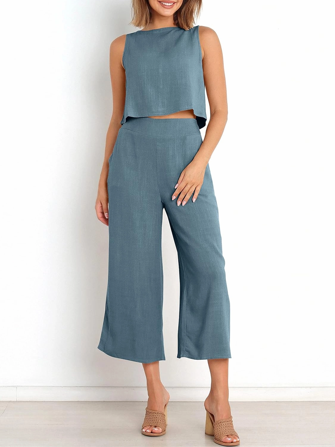 ANRABESS Women's Summer 2 Piece Outfits Sleeveless Crop Top Capri Wide Leg Pants Jumpsuit Linen Lounge Beach Travel Sets