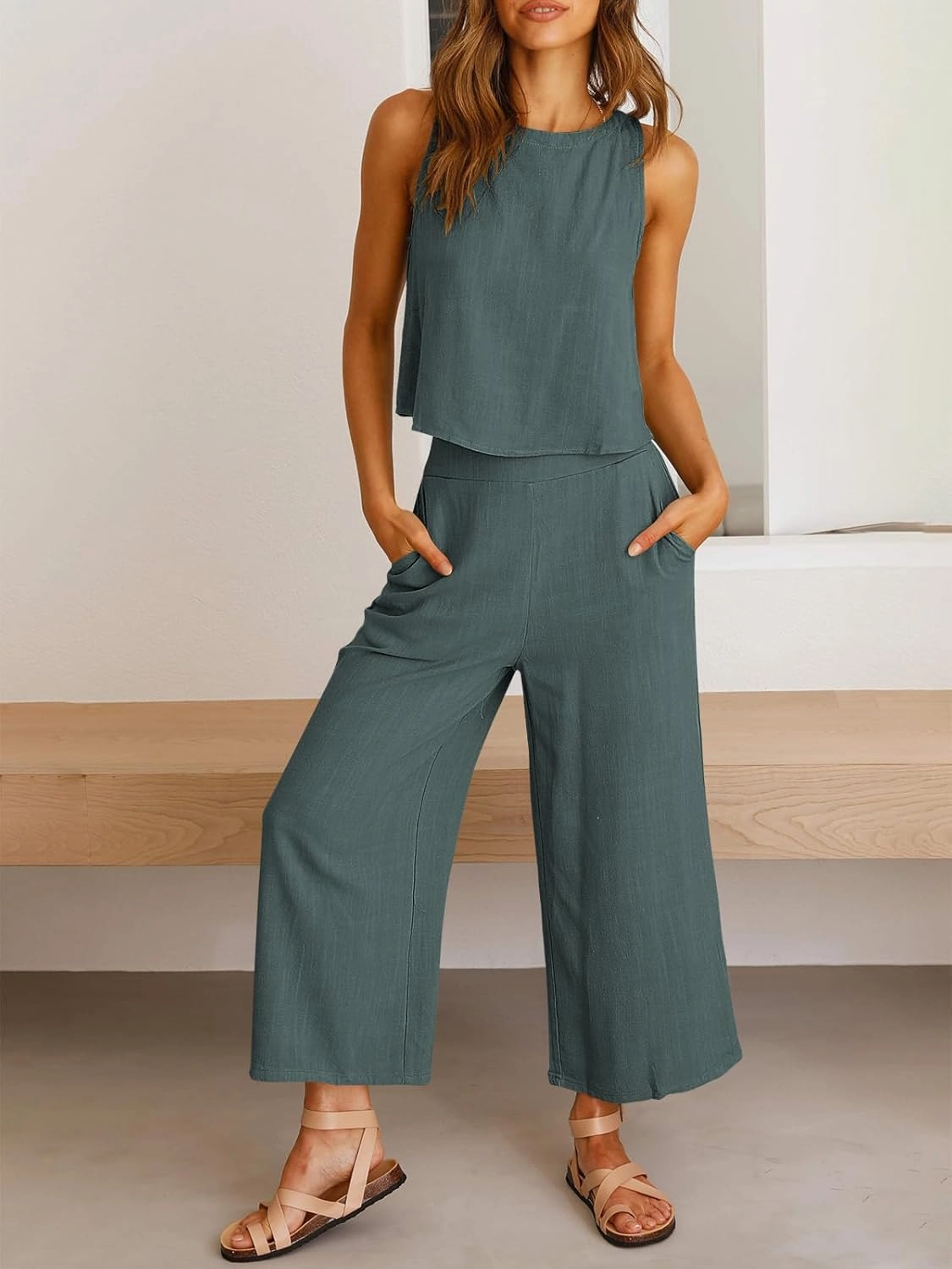 ANRABESS Women's Summer 2 Piece Outfits Sleeveless Crop Top Capri Wide Leg Pants Jumpsuit Linen Lounge Beach Travel Sets