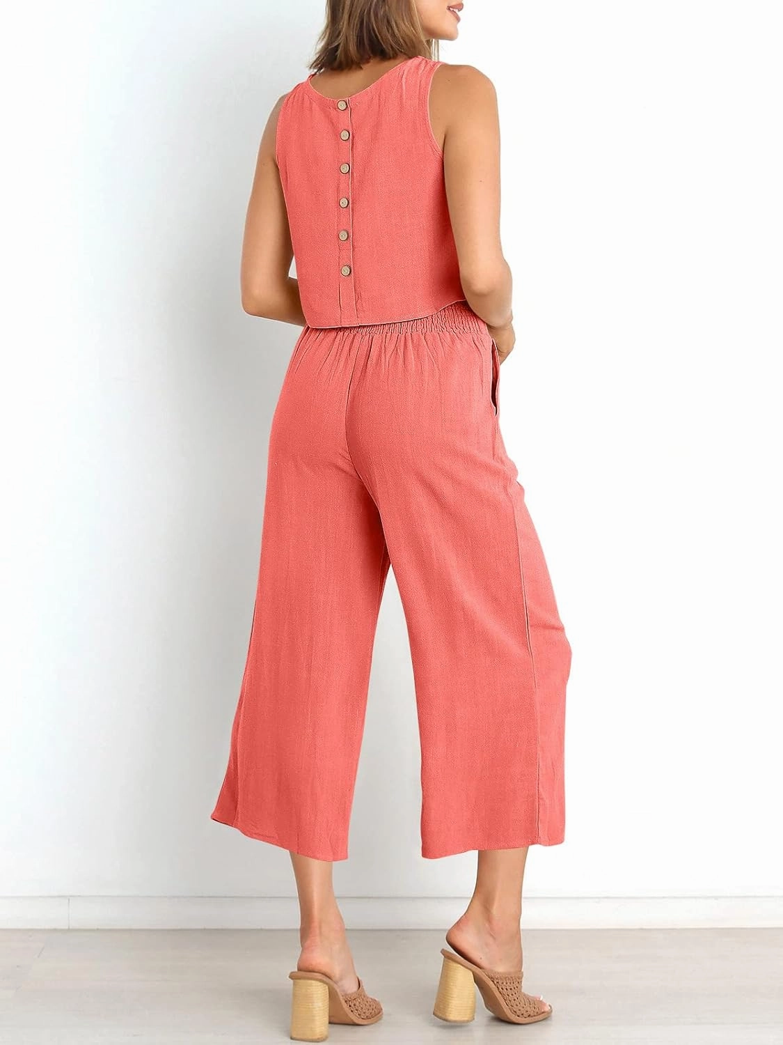 ANRABESS Women's Summer 2 Piece Outfits Sleeveless Crop Top Capri Wide Leg Pants Jumpsuit Linen Lounge Beach Travel Sets