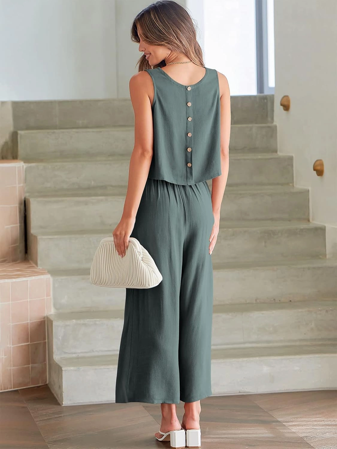 ANRABESS Women's Summer 2 Piece Outfits Sleeveless Crop Top Capri Wide Leg Pants Jumpsuit Linen Lounge Beach Travel Sets