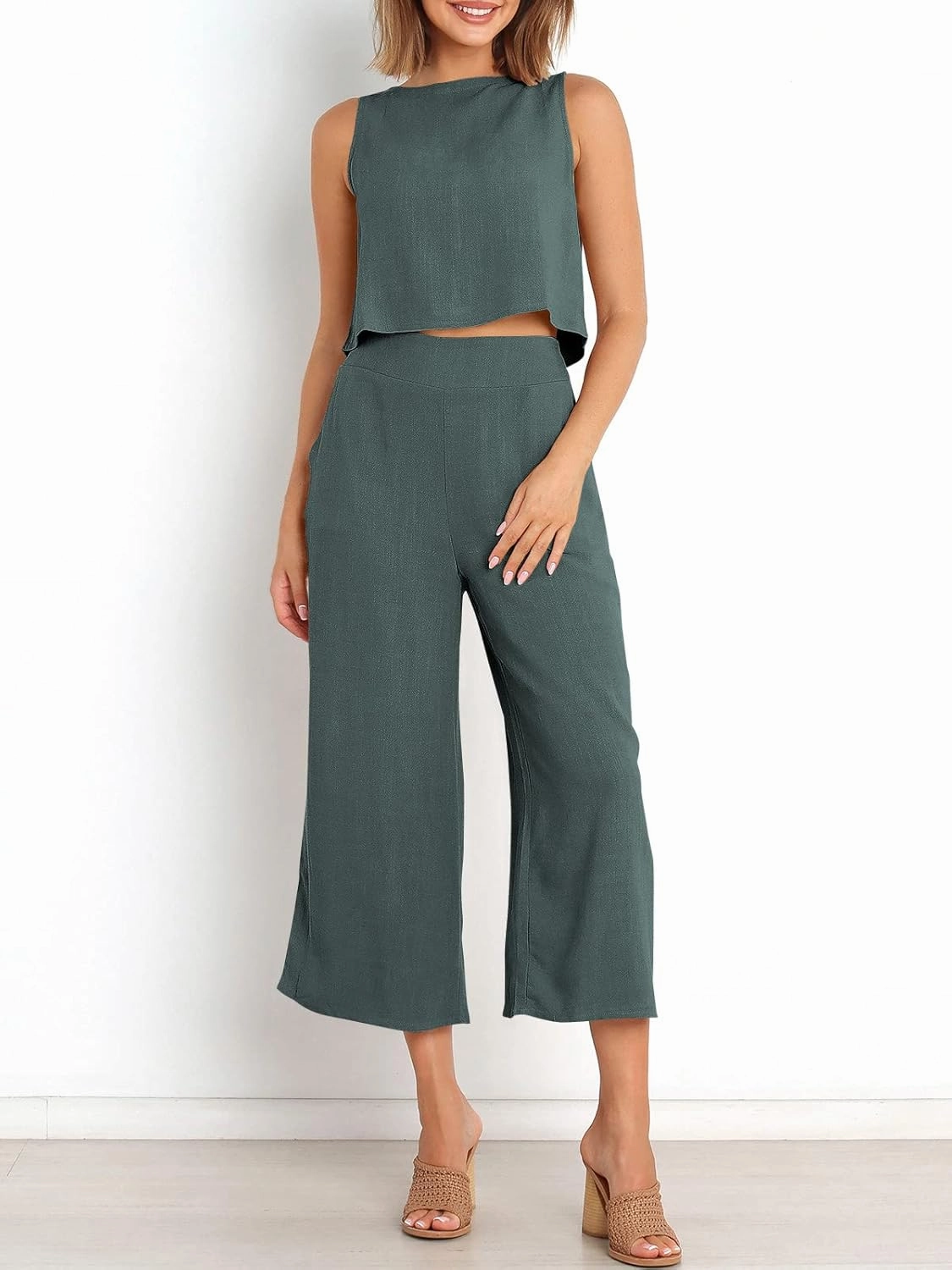 ANRABESS Women's Summer 2 Piece Outfits Sleeveless Crop Top Capri Wide Leg Pants Jumpsuit Linen Lounge Beach Travel Sets