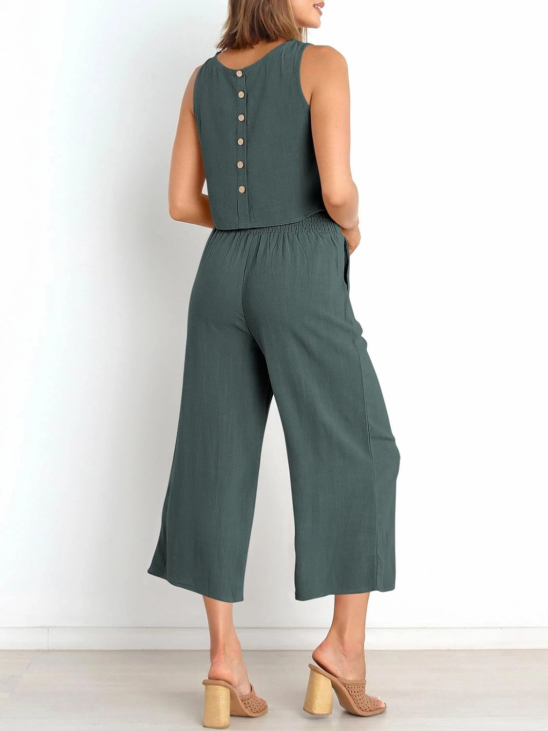 ANRABESS Women's Summer 2 Piece Outfits Sleeveless Crop Top Capri Wide Leg Pants Jumpsuit Linen Lounge Beach Travel Sets