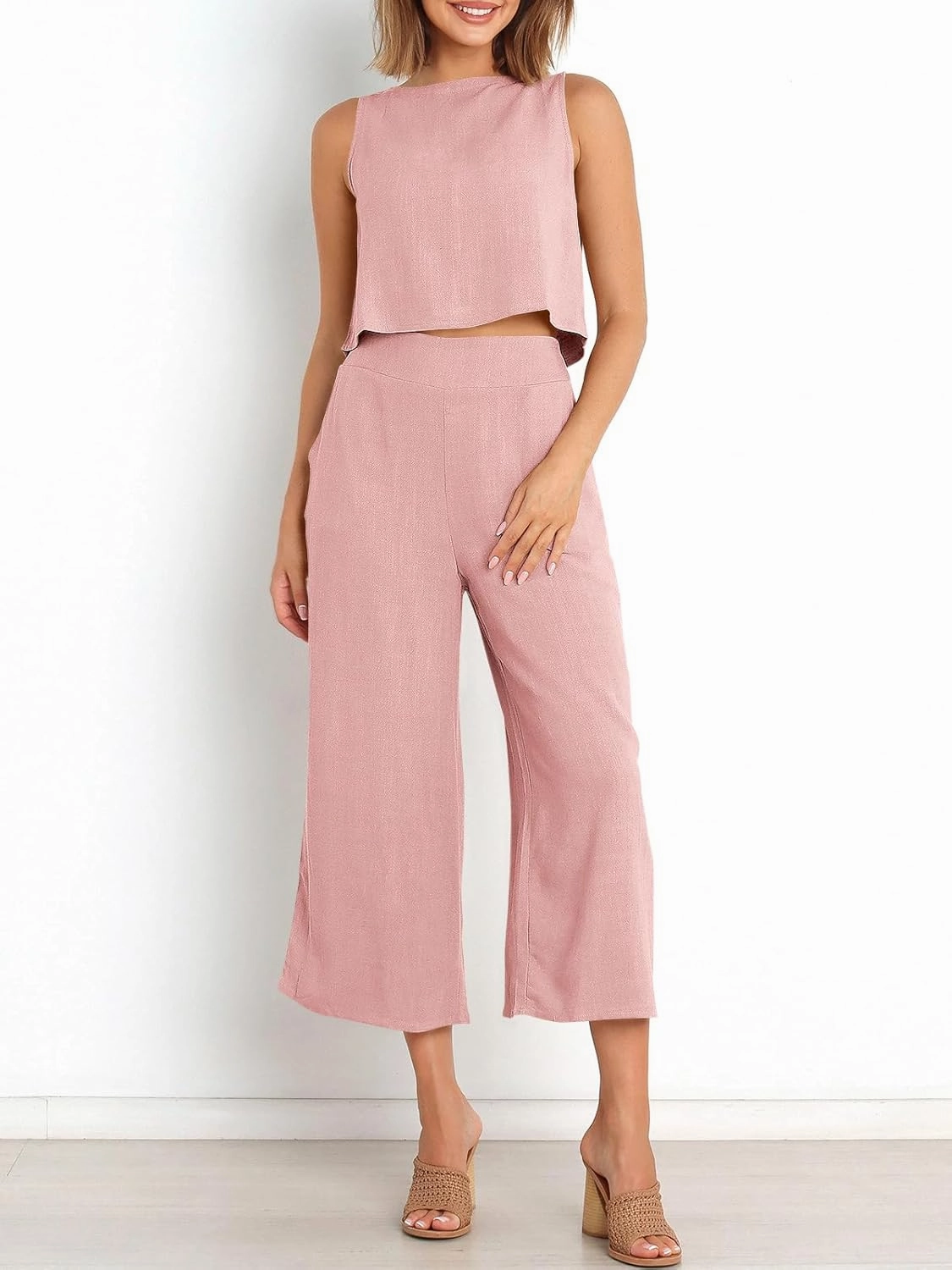 ANRABESS Women's Summer 2 Piece Outfits Sleeveless Crop Top Capri Wide Leg Pants Jumpsuit Linen Lounge Beach Travel Sets