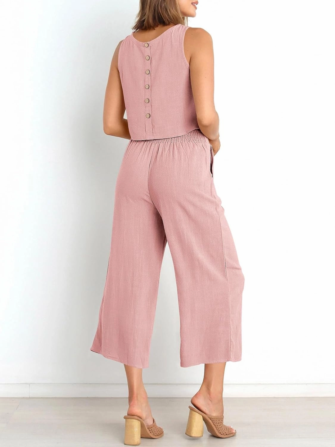 ANRABESS Women's Summer 2 Piece Outfits Sleeveless Crop Top Capri Wide Leg Pants Jumpsuit Linen Lounge Beach Travel Sets