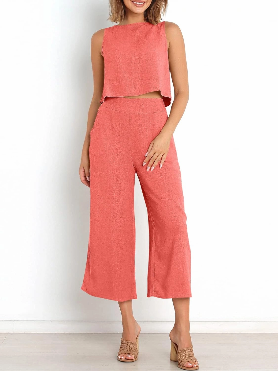 ANRABESS Women's Summer 2 Piece Outfits Sleeveless Crop Top Capri Wide Leg Pants Jumpsuit Linen Lounge Beach Travel Sets