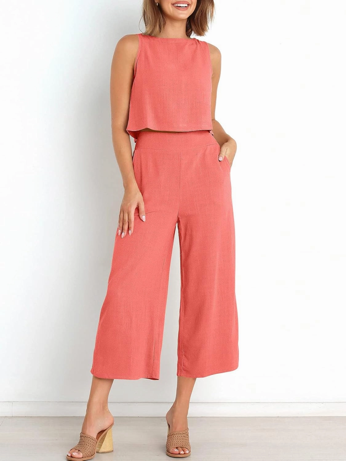 ANRABESS Women's Summer 2 Piece Outfits Sleeveless Crop Top Capri Wide Leg Pants Jumpsuit Linen Lounge Beach Travel Sets
