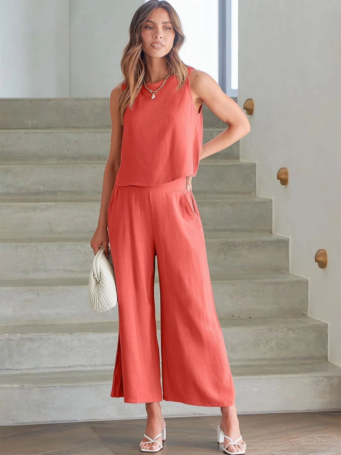 ANRABESS Women's Summer 2 Piece Outfits Sleeveless Crop Top Capri Wide Leg Pants Jumpsuit Linen Lounge Beach Travel Sets