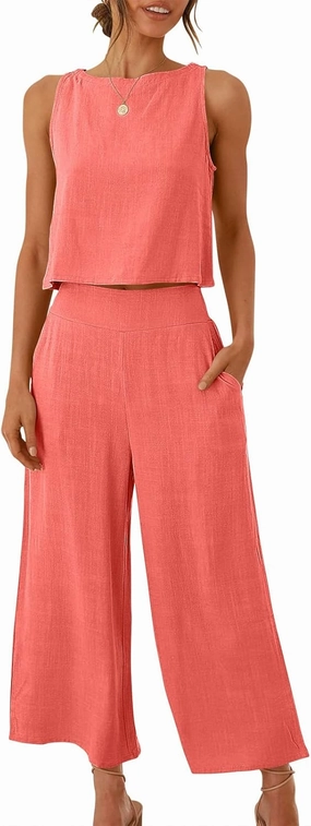 ANRABESS Women's Summer 2 Piece Outfits Sleeveless Crop Top Capri Wide Leg Pants Jumpsuit Linen Lounge Beach Travel Sets