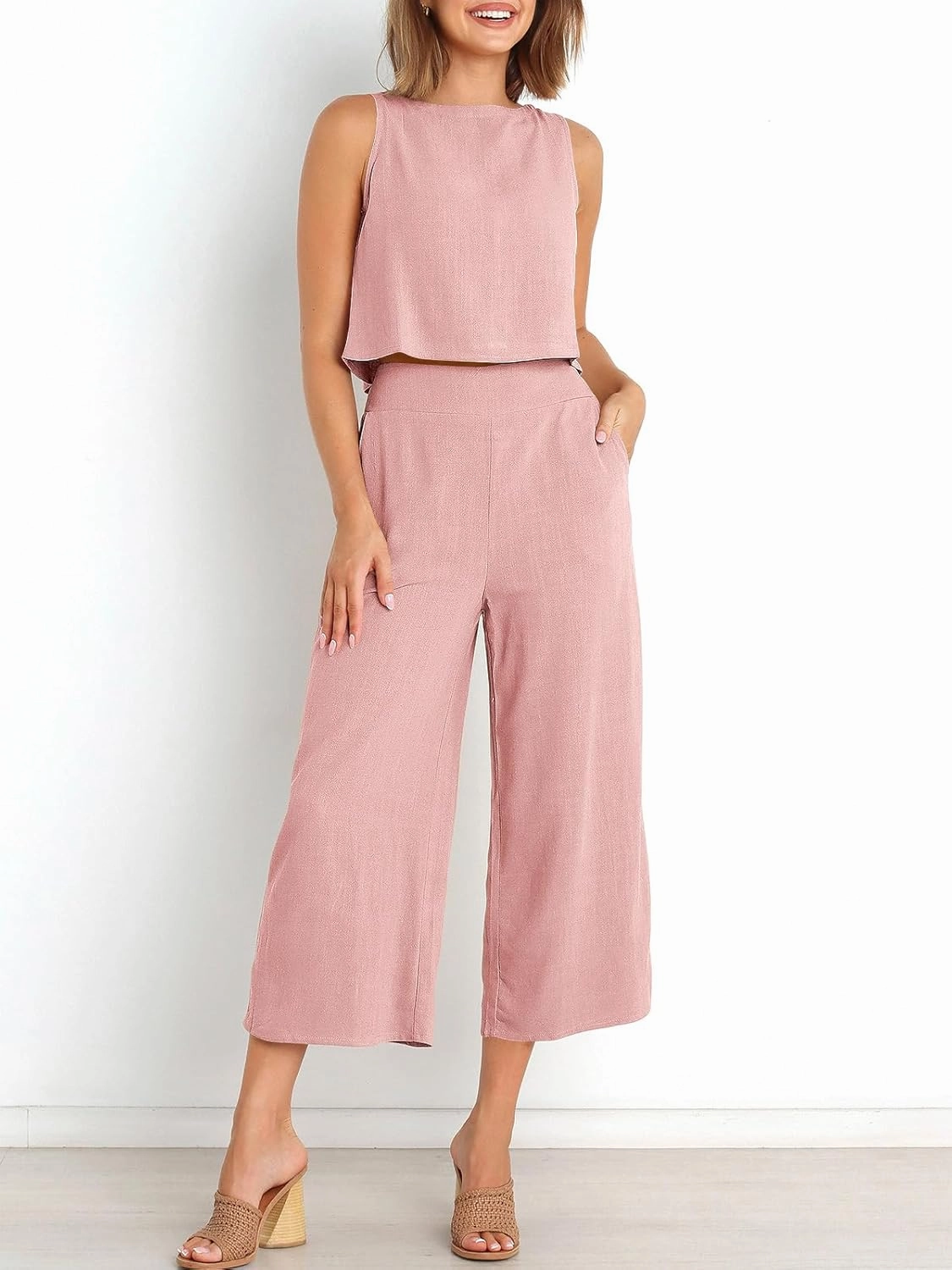 ANRABESS Women's Summer 2 Piece Outfits Sleeveless Crop Top Capri Wide Leg Pants Jumpsuit Linen Lounge Beach Travel Sets