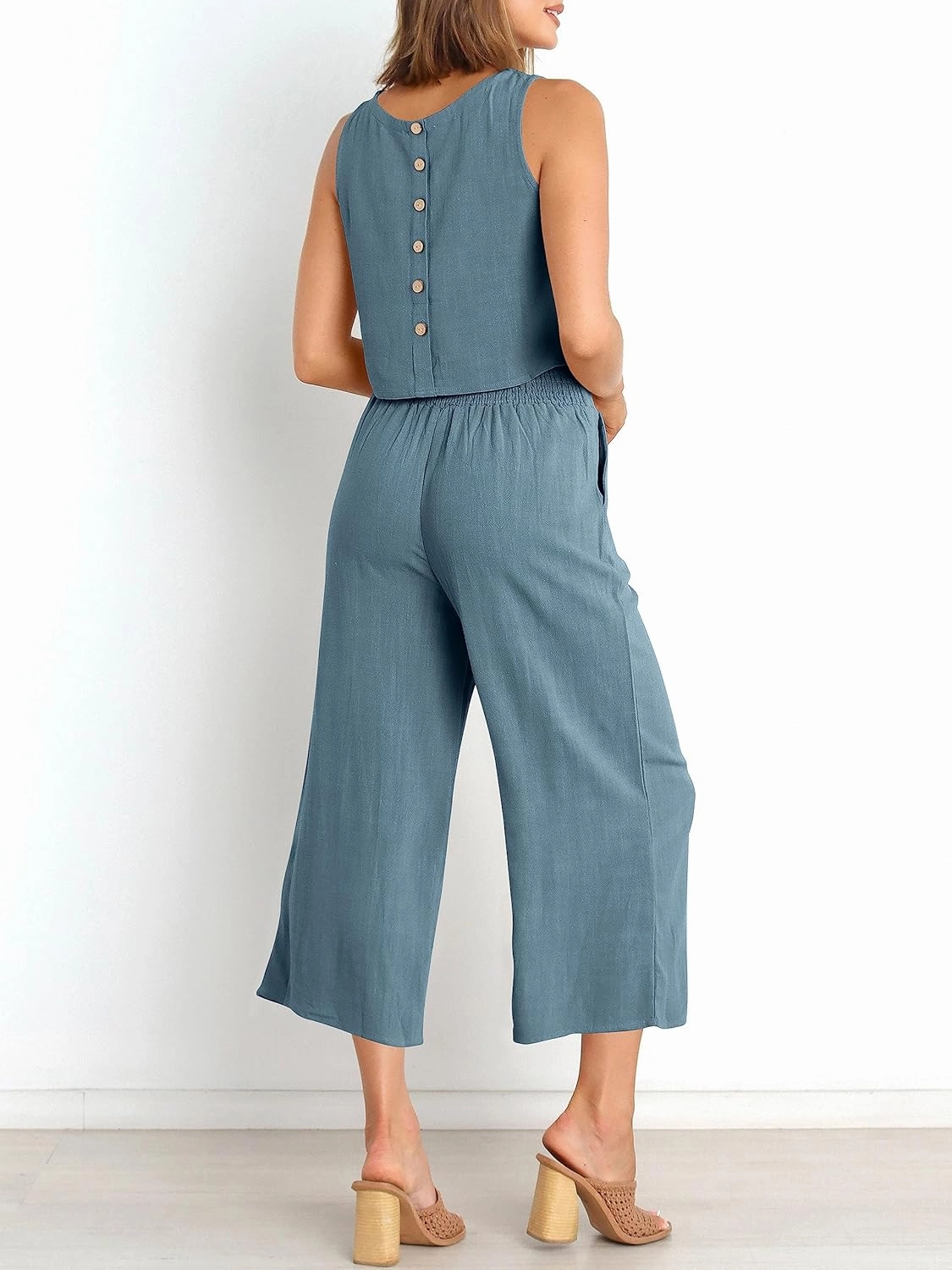 ANRABESS Women's Summer 2 Piece Outfits Sleeveless Crop Top Capri Wide Leg Pants Jumpsuit Linen Lounge Beach Travel Sets