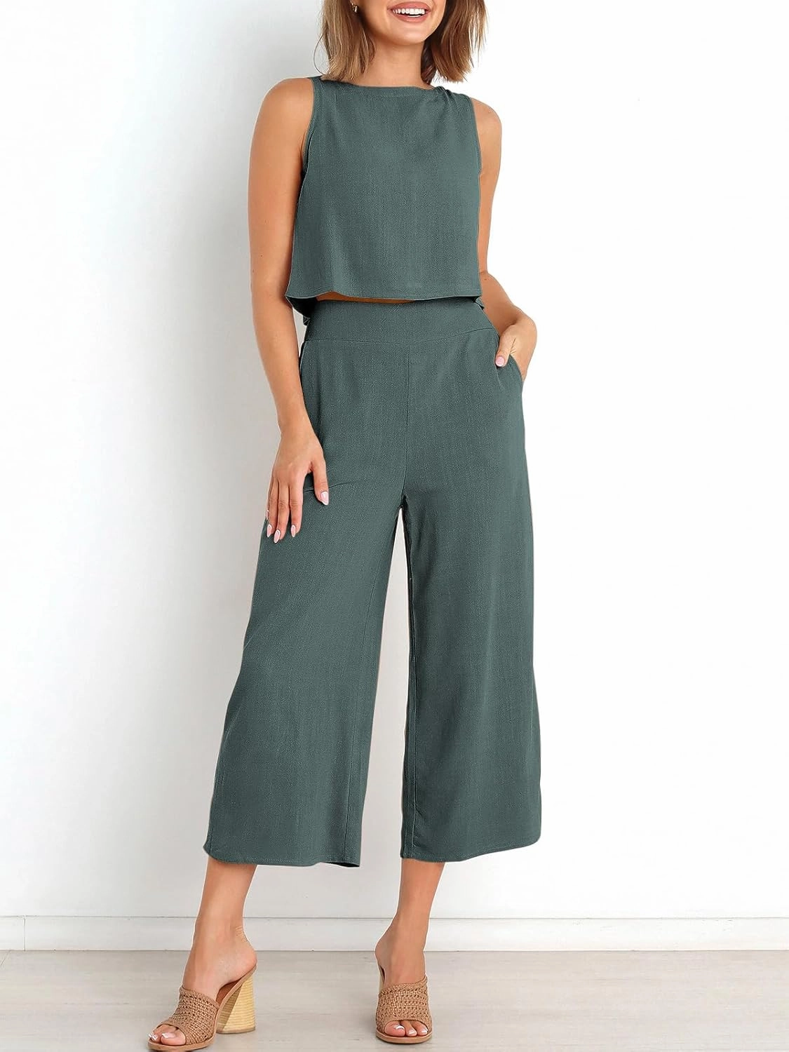 ANRABESS Women's Summer 2 Piece Outfits Sleeveless Crop Top Capri Wide Leg Pants Jumpsuit Linen Lounge Beach Travel Sets