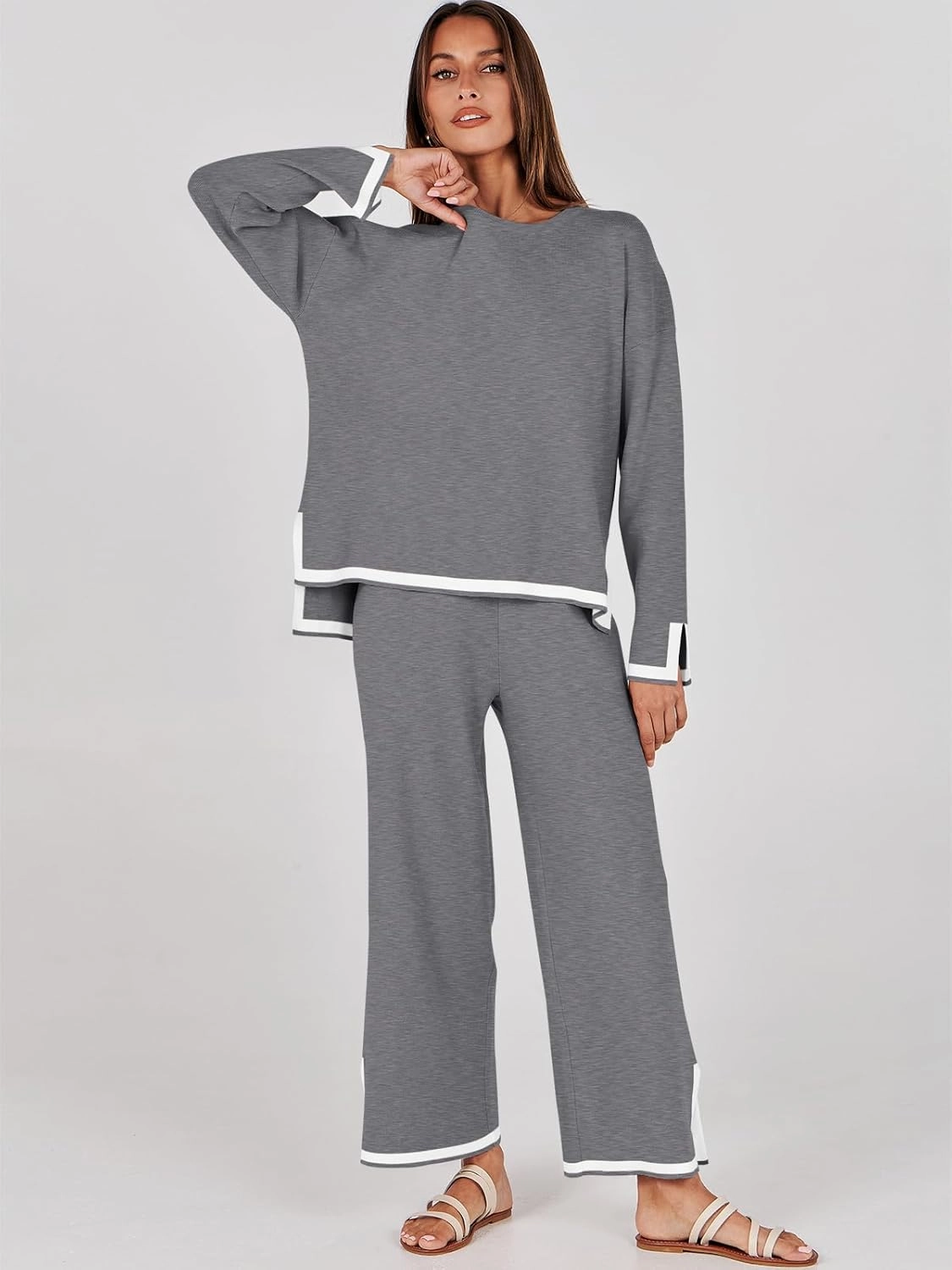 ANRABESS Women's Two Piece Outfits Knit Pullover Sweater Tops & Wide leg Pants Lounge Matching Sweatsuit Tracksuits Sets